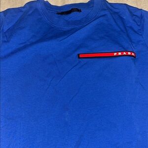 Prada Men's Tee in Vibrant Blue with Red Accent